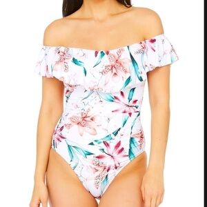 La Blanca Womens Off the Shoulder White Orchid Floral Ruffle One Piece Swimsuit